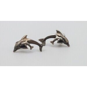 Vtg Sterling Silver Mother and Baby Dolphin Y2K Beach Ocean Stud Earrings